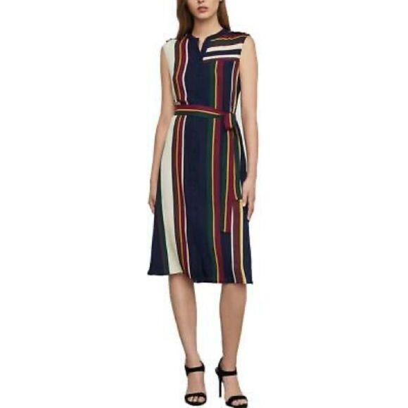 BCBGMAXAZRIA Sleeveless Striped Midi Knee Length Shirtdress Belt Navy Blue XXS - Picture 1 of 4